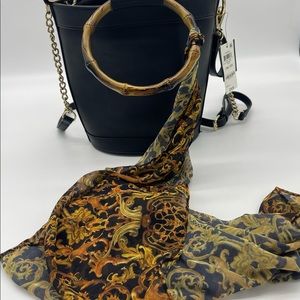 INC International Concepts Bamboo Bucket Crossbody Black with Paisley Scarf